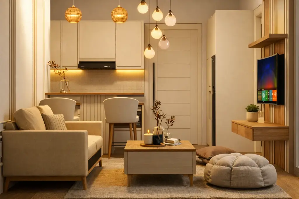 Penataan ruang tamu sempit dengan furniture minimalis