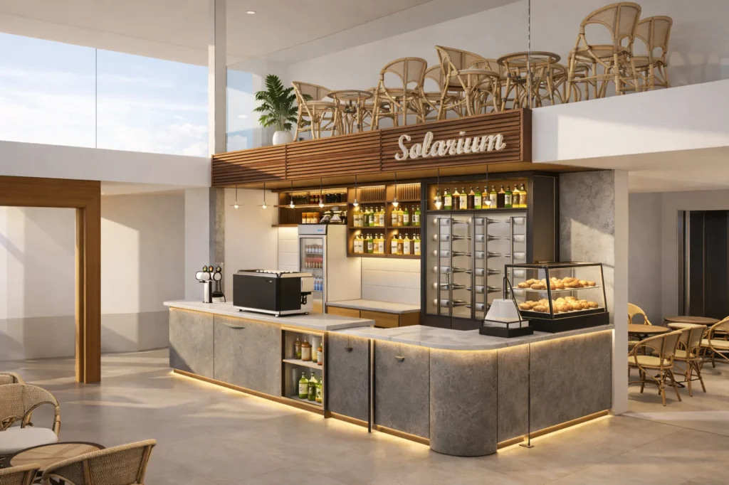 Desain interior cafe modern dengan bar minimalis dan pencahayaan LED warm karya UPDSIGN