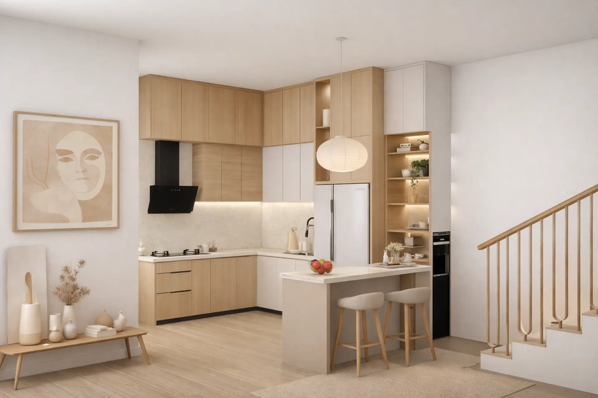 Desain interior dapur minimalis modern dengan kitchen set kayu natural dan island bar elegan karya UPDSIGN