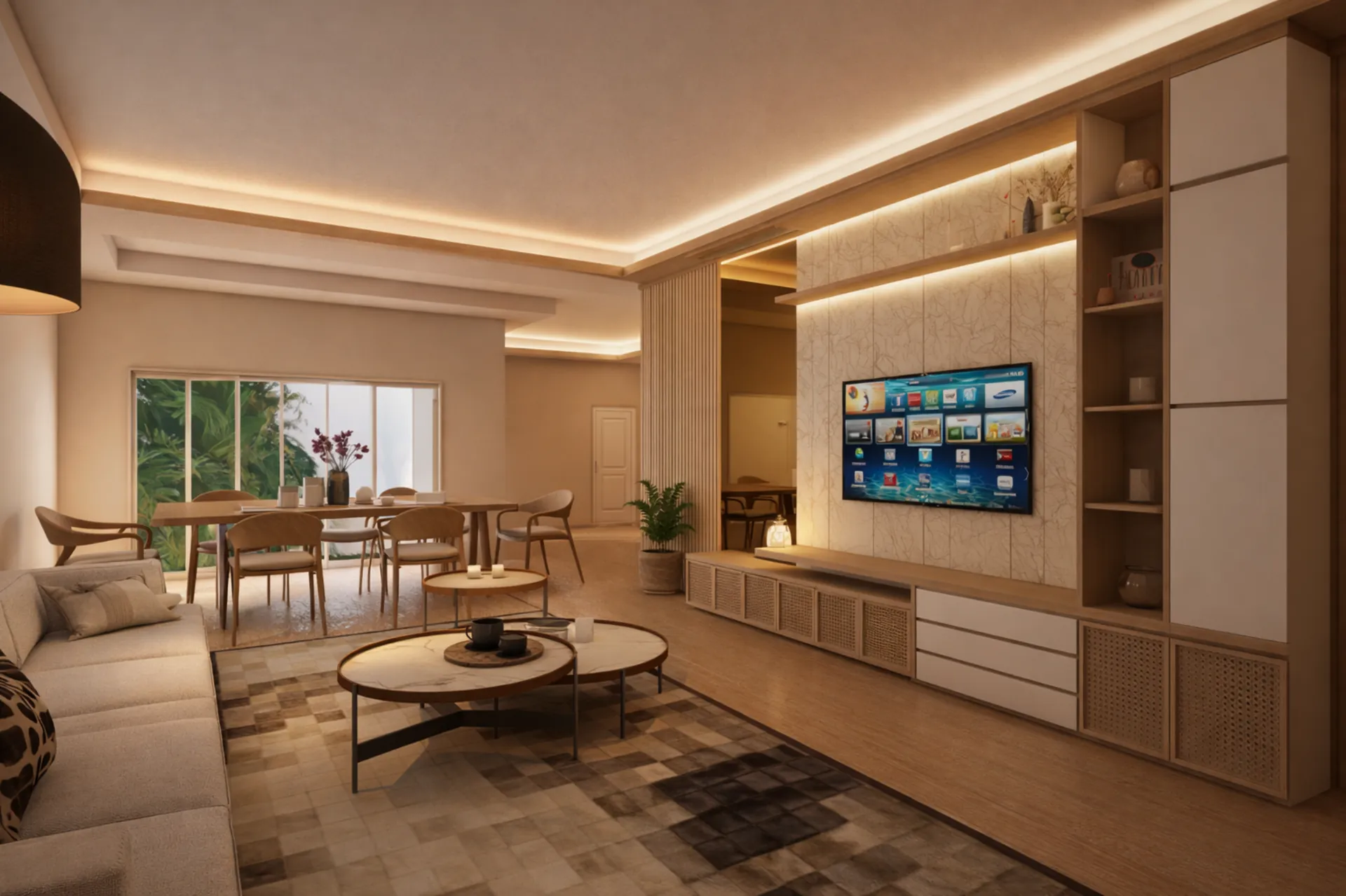 Desain interior ruang tamu Japandi modern dengan TV wall marble dan pencahayaan hangat karya UPDSIGN